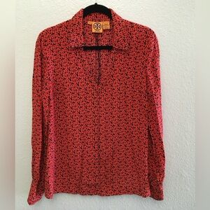 Tory Burch Black and Red Geometric Silk Button Down Shirt 8